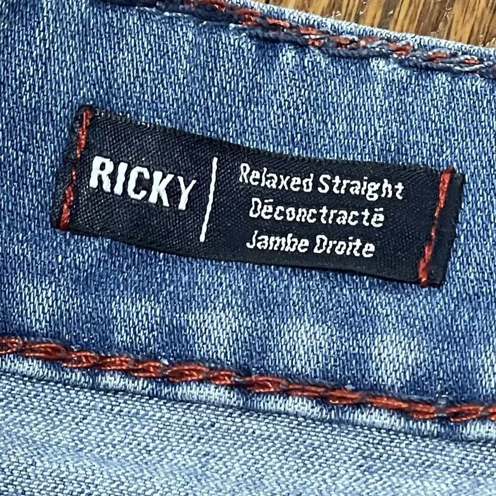 True Religion Ricky Blue Super T Relaxed Straight Flap Jeans Mens 33 Red Stitch